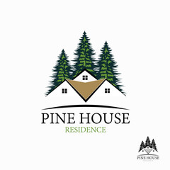 Fototapeta na wymiar Pine Residence House Vector Logo Design template of pine trees and house made of simple strokes. it is good for symbolizing property or real estate business.