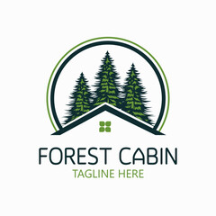 Forest cabin Vector Logo Design. Template of pine trees and forest cabin made of simple strokes. it is good for symbolizing property or real estate business