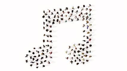 Concept conceptual large community of people forming themusic sign. 3d illustration metaphor for melody, tempo, multimedia, composition, harmony or classic sound