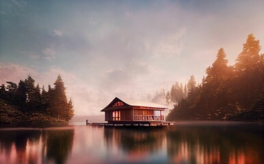 Fototapeta premium Solitary house floating on the lake surrounded by lush forest in autumn, 3d illustration