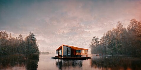 Fototapeta premium Solitary house floating on the lake surrounded by lush forest in autumn, 3d illustration