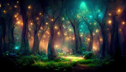 Mystical magical forest at night with glowing lights © DNY3D