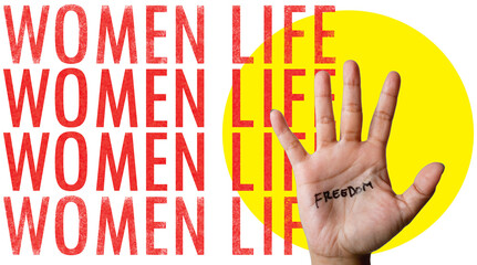 Word text Women life freedom with hand. concept of supporting women's rights. Water colour. Banner