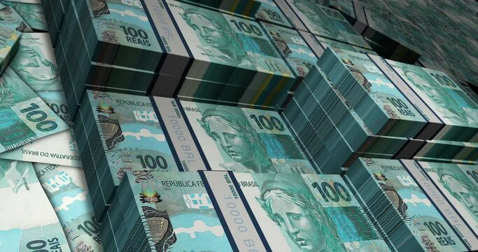 Brazilian Real 100 BRL banknote pack pile loop. Flying over money stack Brazil note. 3D Abstract concept of business, economy, finance, crisis and banking.