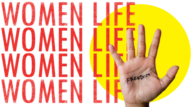 Word text Women life freedom with hand. concept of supporting women's rights. Water colour. Banner