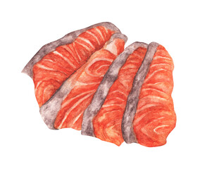Watercolor hand drawn piece of red fish fillet, Fresh Salmon sashimi.