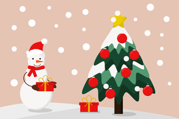 simple vector illustration funny snowman, tree and gifts