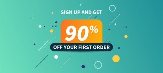 Sale discount banner with geometric shapes in the background, 90% off