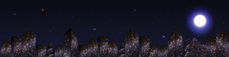 tall building at night background, combination with moon stars and city - obrazy, fototapety, plakaty