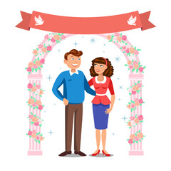 Happy couple. Man and woman with floral frame. Valentine's day. Romantic couple, love, relationship and dating concept. Vector illustration - 547112880