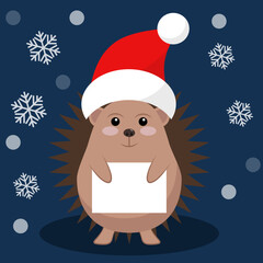 simple vector illustration funny cartoon hegdehog in Christmas hat with paper 