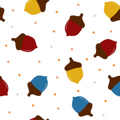 Colorful autumn acorn pattern. Fall seamless pattern pastel and bright colors. Thanksgiving Day. For wrapping paper, textile, wallpapers. Isolated on white background. Vector illustration. © Artemisia_Absinthium