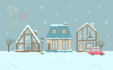 Fototapeta premium Christmas cityscape. houses, trees, car, lantern, fireworks