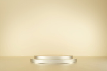 3D rendering gold stand on golden background. Luxury or premium product display.