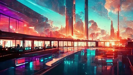 Fototapeta premium Futuristic cyberpunk city with neon lights