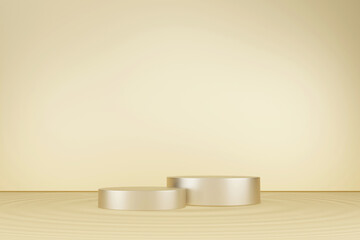 3D rendering gold stand on golden fluid ripple background. Luxury or premium product display.