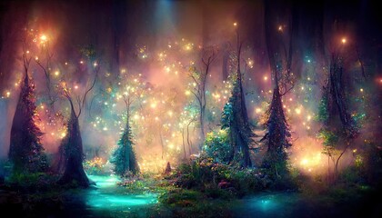 Mystical magical forest at night with glowing lights - obrazy, fototapety, plakaty