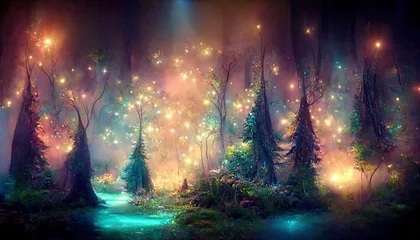 Crédence de cuisine en verre imprimé Forêt des fées Mystical magical forest at night with glowing lights