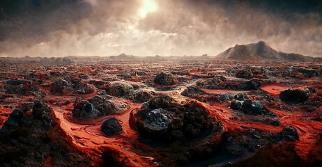 Fototapeta na wymiar Alien planet landscape, fantasy planet terrain, red eroded desert mountains, science fiction illustration