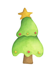 Watercolor decorated Christmas tree illustration. Holiday greeting card.