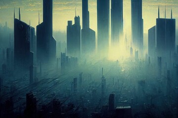 Cyberpunk city of the futuristic fantasy world features skyscrapers, flying cars, and neon lights.