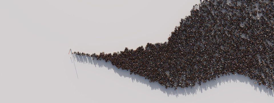 Streams of refugees from above in front of a barrier on a white background.. 3D illustration.	