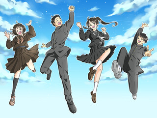 青空を背景にジャンプする男女の学生　冬服　