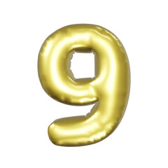 Number 9 Metallic gold foil balloons. 3D render Golden Helium balloon.