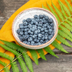 Blueberries picking. Eco friendly composition with bowl with blueberries on a wooden table with orange napkin and fern leaf. Healthy natural food. Harvesting concept