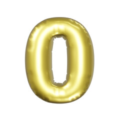 Number 0 Metallic gold foil balloons. 3D render Golden Helium balloon.