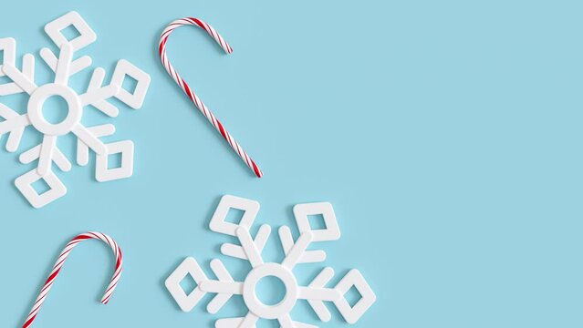 Beautiful, blue, animated Christmas background. Trendy Xmas backdrop, mock up. Modern design. Empty space for text, advertising or logo. Video with copy space. 3d animation.