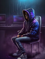 Anonymous hooded figure sat in front of multiple computer terminals