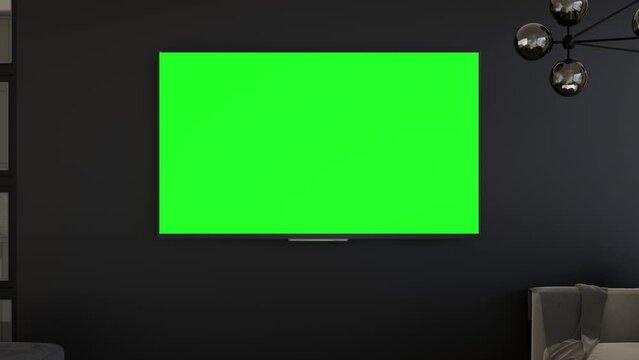 LED TV with blank green screen, hanging on the wall at home. TV video mock up with Chroma Key. Copy space for advertising, movie, app presentation. Empty television screen. Modern interior. 3D render.