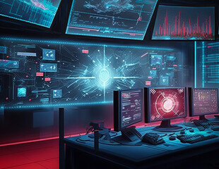 computer and technology, multiple workstations showing financial graphs