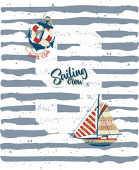 Cute sailing boat with grunge striped background abstract vector print for children wear