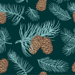 Pine cones seamless pattern. Pine fir christmas tree cedar spruce and cones sketch. Christmas gift wrapping. New Year and Christmas Seamless Pattern