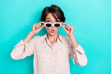 Photo of cool bob hairdo millennial lady wear glasses white shirt isolated on teal color background