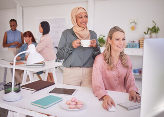 Collaboration, computer and marketing with a business woman and muslim partner working in an advertising agency together. Diversity, creative and design with a female employee and islamic colleague