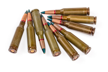 Tracer rifle cartridges with green tip on a white background