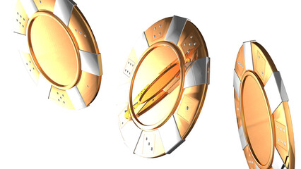 3d illustration of shiny gold colored casino chips