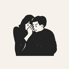 Young lady whispering secrets into boys's ear. Confused, mad young man. Talking something to other person, gossip, rumor, secret concept. Hand drawn Vector illustration. Cartoon style. Cute characters