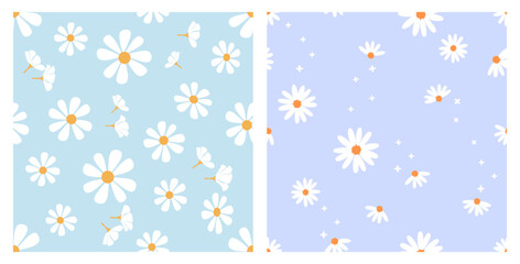 Seamless pattern with daisy flower on blue and purple backgrounds vector illustration. Cute floral print.