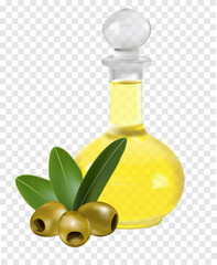 Olive oil in a glass bottle and olives with green leaves, realistic vector illustration isolated on transparent background. Extra virgin olive oil, natural organic cosmetics