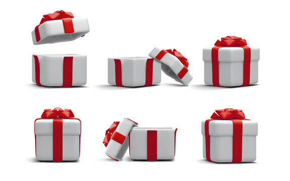 Set of 3d realistic gift boxes with red ribbon isolated on white background. Surprise boxes. Vector illustration