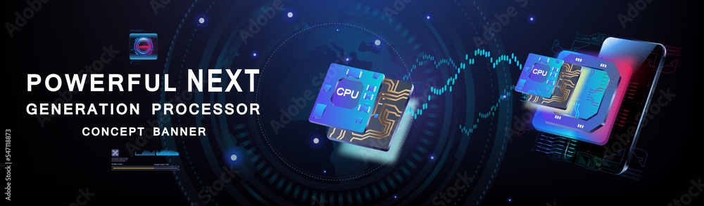 Poster technological background with powerful processor. new generation processor with large number cores. 