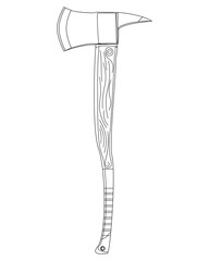 Firefighter axe in lineart style. Hatchet fire ax firefighter rescue equipment. Metal woodcutter with handle made of wood. Colorful vector illustration on a white background.