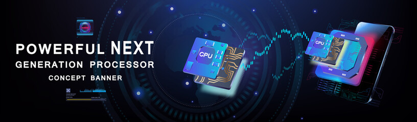 Technological background with powerful processor. New generation processor with large number cores....