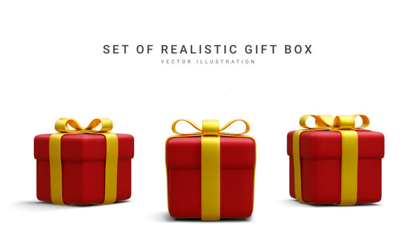 Set of 3d realistic red gift boxes with gold ribbon isolated on white background. Surprise boxes. Vector illustration