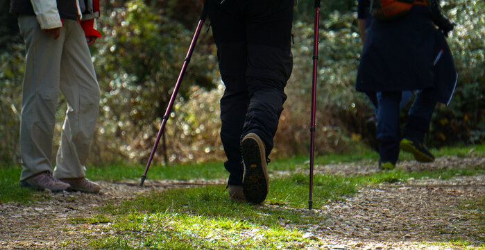 Foto della parte bassa di un escursionista che fa trekking con i bastoncini nell'atto di camminare