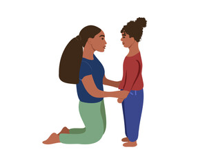 African American mom is on her knees, talking to her daughter, reassuring, showing love and care. Motherhood.
Vector illustration